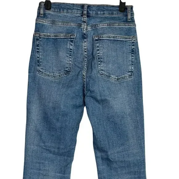 ZARA Bootcut High Rise Straight Jean Stretch Raw Hem Zip Button 2 Blue #3324 - Picture 5 of 14